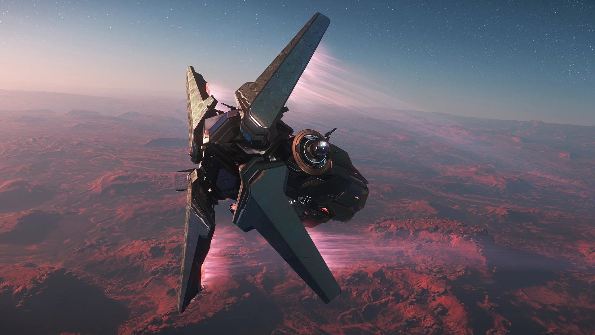 Gatac Tyilui Xi'an snub carrier flying over a red planet in Star Citizen