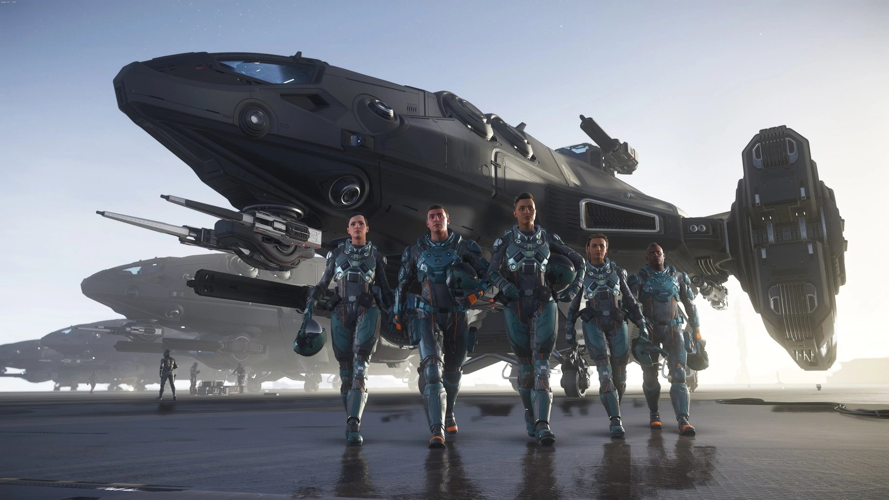 group of diverse sci-fi characters looking at holographic star map, futuristic team planning