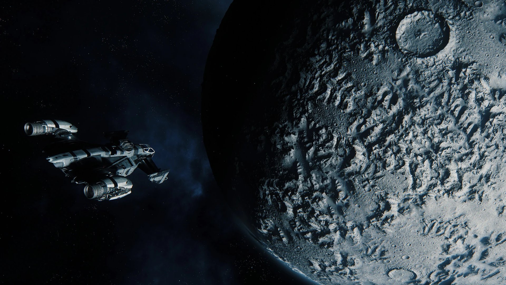 futuristic space scene with stars, nebula and distant planets, dark sci-fi atmosphere